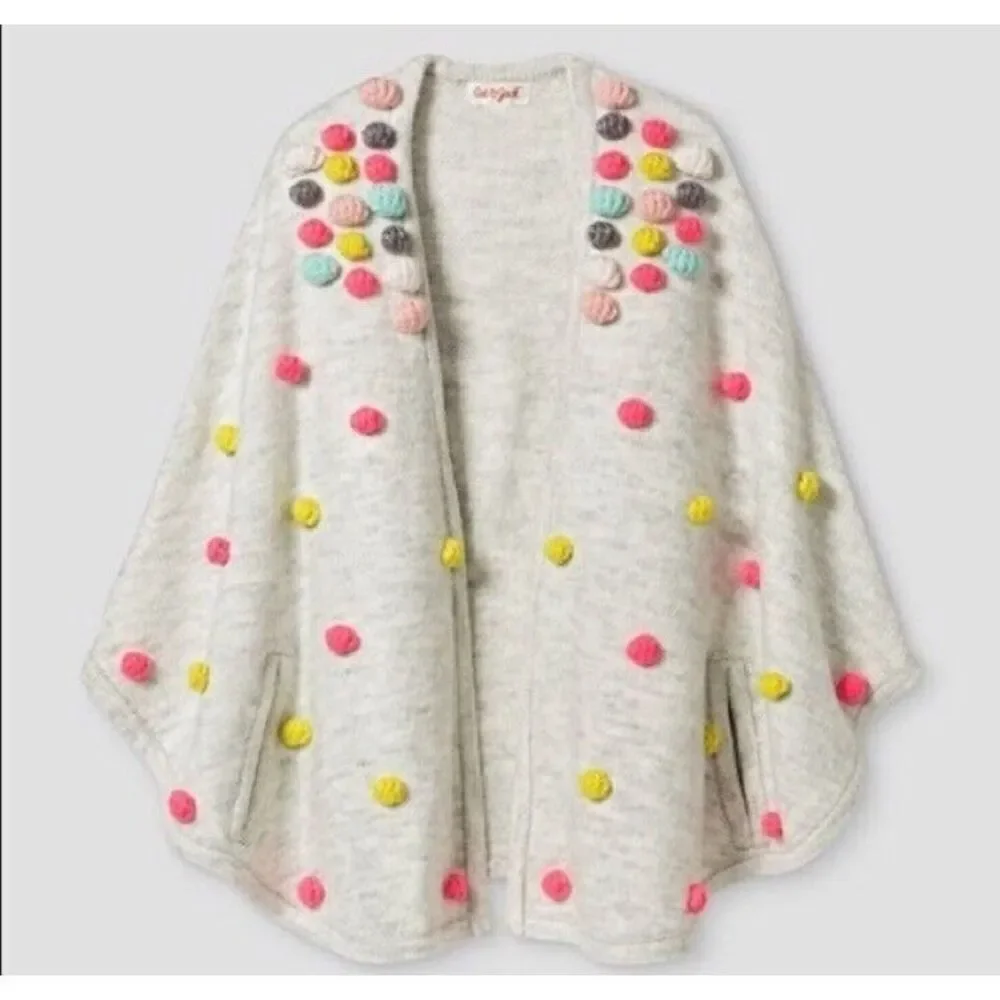 Cat & Jack Girls Kids Cape Poncho Shawl Multicolor Pom‎ Pom Design Gray Size S/M